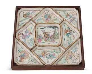 2181
A Chinese Qianjiangcai porcelain sweet-meat set
Circa 1900
The nine-piece set of enameled dishes, each depicting figural scenes, mounted in a wood box
Box: 1.375" H x 11.5" W x 11.5" D
Estimate: $600 - $800