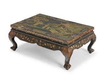 2189
A Chinese lacquered wood chou table
Late 19th/early 20th century
The tabletop decorated with a painted figural scene above a shaped apron with floral and foliate motifs, raised on curvilinear legs with squared feet
13.25" H x 34.25" W x 23" D
Estimate: $400 - $600