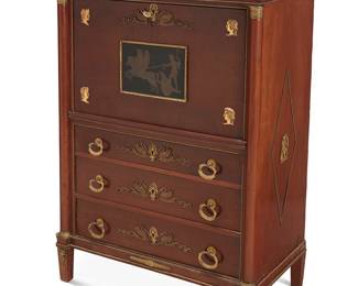 2256
An Empire-style drop front secretary
Mid-20th century
The wood secretary with gilt-metal hardware, pulls, mask accents, and swan-form escutcheons, featuring a locking drop front with central painted figure on a chariot, revealing multiple fitted cubbies, two drawers, and an architectural central cavity, above three locking drawers, all flanked by half-column sides
46.5" H x 33.75" W x 19" D
Estimate: $600 - $800