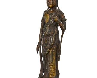 2210
An East Asian gilt-bronze standing figure of a Bodhisattva
19th century or earlier
Possibly Korean Goryeo Period or Goryeo-style, with inset red glass cabochon applied to headpiece, depicted standing on a lobed base
12" H x 4.625" Dia.
Estimate: $2,000 - $3,000
