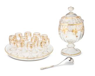 2410
A J. & L. Lobmeyr glass punchbowl and goblet set
20th century
Each piece with two-toned gilt accents, trim, and grapevine motifs, comprising a footed and lidded punchbowl (17.375" H x 9.5" Dia.) and twelve stemware punch goblets (5.375" H x 2.75" Dia.), each with applied prunts, all set on a platter (1.75" H x 17.25" Dia.), together with a Gorham sterling silver and stainless steel hollow-handled punch ladle (12" L)
15 pieces
Estimate: $800 - $1,200