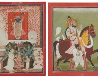 2374
Two Mewar Indian paintings
18th century
One work depicting Rana Sanga on horseback; the other depicting Shrinathji at the center and surrounded by priests and devotees
Each: Gouache and metallics on paper with a decorative fabric border
2 pieces
Sight of each (with border): 13.375" H x 11" W
Estimate: $300 - $500