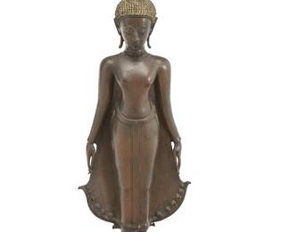 2296
A Thai bronze standing figure of Buddha Sakyamuni
20th century
Standing in samabhanga, both hands stretched downwards along his body, wearing diaphanous samghati, his face with meditative expression, elongated earlobes, curled hair, and usnisha surmounted by a flame
38.25" H x 12.75" W x 8.75" D
Estimate: $500 - $800