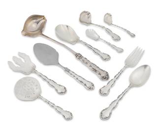 2018
A Gorham sterling silver 'Strasbourg' flatware service
Early/mid-20th century
Each marked for Gorham and for sterling
Designed circa 1897, comprising 12 place knives (9.25"), 12 dinner knives (8.875"), 13 hollow-handle butter spreaders (6.25"), 12 flat butter spreaders (6"), 12 dinner forks (7.5"), 12 luncheon forks (7"), 24 salad forks (6.375"), 12 oyster forks (5.625"), 12 oval soup spoons (7.125"), 12 cream soup spoons (6.25"), 8 iced tea spoons (7.625"), 35 teaspoons (5.875"), 2 sugar spoons (6"), 4 serving spoons (8.625"), 2 serving forks (8.5"), 1 tomato server (7.625"), 1 pastry server (10.25"), 1 gravy ladle (7.125"), 1 cream ladle (5.5"), 1 punch ladle (14.25"), and a salad serving set (larger: 8.75")
191 pieces
Weighable sterling: 196.9 oz. troy approximately
Estimate: $4,000 - $6,000