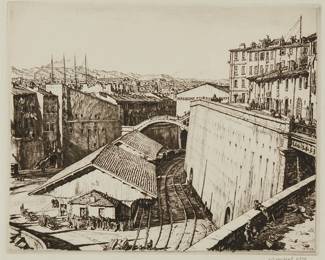 2115
Muirhead Bone
(1876-1953)
"Railway Sheds, Marseilles," 1937
Drypoint on wove paper
From the edition of 91 impressions in the tenth (final) state (the total edition in all states was 103)
Signed in pencil in the lower margin, at right: Muirhead Bone
Plate: 10" H x 12.5" W; Sight: 10.625" H x 13" W
Estimate: $300 - $500