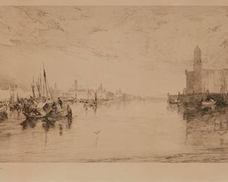 2113
Thomas Moran
(1837-1926)
"The Harbor of Veracruz, Mexico," 1885
Etching in black on imitation Japan paper
Signed in pencil and stamped with a brown ink footed vase remarqué in the lower margin, at left: T. Moran; Christian Klackner, New York, NY, pub.
Plate: 11.625" H x 26.75" W; Sight: 13.75" H x 27.75" W
Estimate: $600 - $800