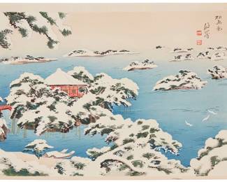 2218
Bisen Fukuda
(1875-1963)
"Matsushima," circa 1951
Woodcut in colors on paper
From the edition of unknown size and date
With the black ink signature and the artist's red ink seals in Japanese in the upper right image corner; Japanese characters stamped in red in the lower portion of the right margin
Image: 10.75" H x 15.625" W; Sheet: 11.5" H x 16.25" W
Estimate: $300 - $500