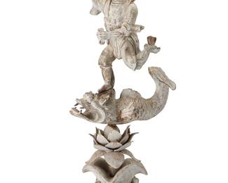 2311
A Chinese carved wood figure of Kui Xing
20th century
With Chinese inscription to one side of base
The whitewashed wood scene depicting Kui Xing standing atop a carp in transformation, above a lotus flower
Overall: 36.5" H x 15.5" W x 12" D, dimensions variable
Estimate: $600 - $800