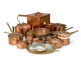 2266
A collection of French copper pots and kitchen implements
20th century
Two saucepans and graduated oval pans marked: E. Dehillerin / Paris; two saucepans and mixing bowl marked: Cordon Bleu / Made in France; bain-marie marked: Bazar Francais / 666
Comprising nine assorted pots and pans, a bain-marie, a teapot, a mixing bowl, a lidded storage container, a hot water kettle, an ice scoop, three graduated jelly/cake molds, a steamer pot, and a small fondue pot
21 pieces
Largest pot: 7" H x 15" W x 9.5" D; Storage bin: 15" H x 14.25" W x 12.5" D
Estimate: $1,000 - $1,500