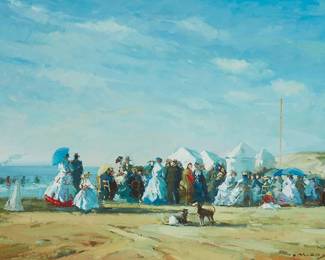 2437
R. M. Zoy
(active 20th century)
Figures at a beach
Oil on canvas
Signed lower right: R. M. Zoy
24" H x 36" W
Estimate: $700 - $900