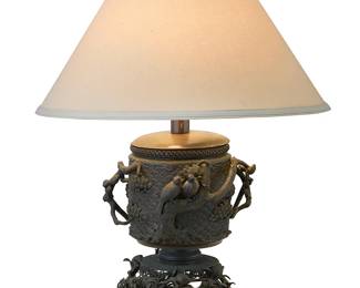 2352
A Japanese bronze lamp
20th century
Impressed to wood base: 460 / 462
The two-light lamp body with bird figures on branches in high relief, above openwork branches of peaches, raised on a wood base, surmounted by a fabric shade and carved bone finial, electrified
Lamp: 27.5" H x 9.5" Dia.; Shade: 11.5" H x 21.25" Dia.
Estimate: $200 - $400