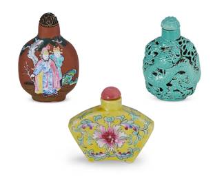 2156
Three Chinese snuff bottles
Late 19th/20th century
Two bearing Chinese inscription to underside
Comprising a Famille Rose porcelain snuff bottle, a Yixing snuff bottle, and a turquoise glazed molded porcelain snuff bottle
3 pieces
Tallest: 2.75" H
Estimate: $300 - $500