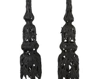 2349
A pair of Japanese patinated bronze candlesticks
20th century
Each standard with openwork bamboo and bird motifs
2 pieces
Each: 20" H x 4.625" Dia.
Estimate: $500 - $700
