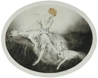 2099
Louis Icart
(1888-1950)
"Pals (Les amis)," 1923
Drypoint, etching, and aquatint in colors with touches of hand coloring on wove paper
Signed in pencil and with the artist's windmill blindstamp in the lower margin: Louis Icart; Les Graveurs Modernes, Paris, pub. and with their copyright and date printed in the plate at the upper left
Plate: 17" H x 21.25" W; Sight: 18.25" H x 22.5" W
Estimate: $800 - $1,200