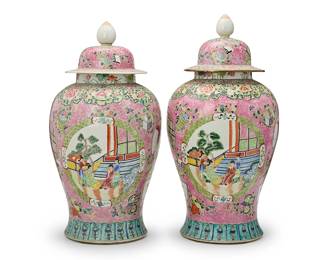 2180
A pair of large Chinese Export porcelain ginger jars
20th century
With blue underglaze marks for Qing Dynasty (1644-1912)
The lidded jars each decorated with figural scenes in friezes
2 pieces
Each: 23.75" H x 11.75" Dia.
Estimate: $600 - $800