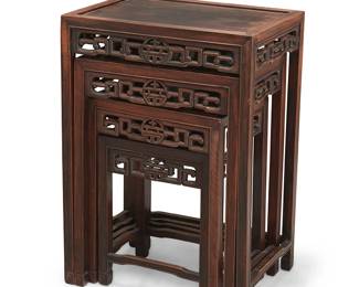 2306
A set of four Chinese carved wood nesting tables
20th century
Each table with inset top above an openwork apron with central medallion, in graduated sizes
4 pieces
Largest: 28" H x 20" W x 14.25" D; Smallest: 16" H x 12.5" W x 9" D
Estimate: $300 - $500