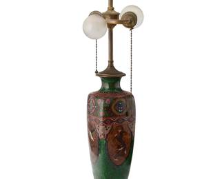 2060
A Chinese cloisonné lamp
20th century
The polychrome enameled copper vase converted to a two-light lamp with a carved wood base, the body depicting dragons, phoenixes, and butterflies, electrified
Overall: 24.5" H x 8.5" W x 6.5" D; Cloisonné sight: 12" H x 4.25" W x 4.25" D
Estimate: $300 - $500