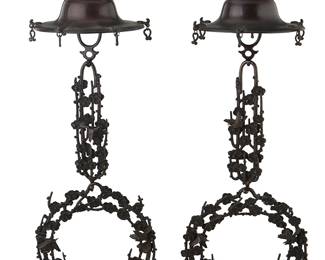 2345
A pair of Japanese bronze Rinto hanging lanterns
20th century
Each with script underneath the wax catcher
Each in three segments depicting cherry blossoms and bird figures
2 pieces
Largest segment: 7.75" H x 8.25" W x 4.75" D; Assembled: 24" H
Estimate: $300 - $500