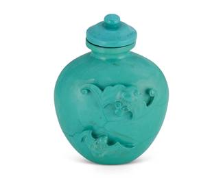 2149
A Chinese carved turquoise snuff bottle
Mid/late 19th century
Carved in relief with a pair of bats
2.125" H
Estimate: $300 - $500