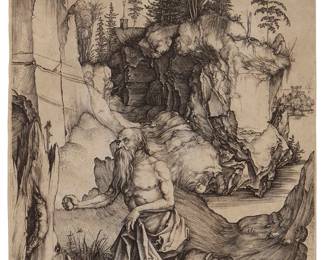 2223
Albrecht Dürer
(1471-1528)
"Saint Jerome Penitent in the Wilderness," circa 1496
Engraving on laid paper, watermark bunch of grapes
With the artist's monogram engraved near the center of the lower edge: AD; a richly inked Meder D (or later) of G impression, printed sometime after 1530, with the short diagonal scratch across the center cliff showing very faintly
Sheet: 12.5"-12.625 " H x 8.75" W
Estimate: $3,000 - $5,000