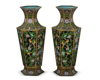 2137
A pair of Chinese cloisonné vases
20th century
Each gilt copper and enamel hexagonal vase with floral and bird motifs on a black ground
2 pieces
Each: 20.25" H x 9" W x 8" D
Estimate: $400 - $600