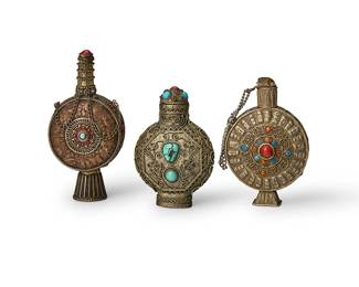 2365
A group of Chinese mixed media snuff bottles
20th century
Comprising eight ceramic bottles, a carved hardstone bottle, and four metal bottles
13 pieces
Tallest: 3.5" H; Shortest: 2.25" H
Estimate: $500 - $700