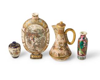 2072
Three diminutive Japanese Satsuma pottery vessels
20th century
One bearing Japanese characters in gilt to underside
Each with painted and gilt figural scenes, comprising a small handled and lidded jug, a footed oval vase, and a cobalt ground vase, together with an associated East Asian vase depicting floral motifs
4 pieces
Largest: 5.125" H x 3" W x 1.125" D; Smallest: 1.875" H x 1.375" Dia.
Estimate: $600 - $800