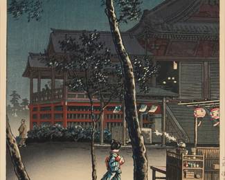 2215
Tsuchiya Koitsu
(1870-1949)
"Tea Shop at Kiyomizu," from the series "Sketches of Famous Places in Japan," 1940
Woodcut in colors on paper
From the edition of unknown size and date
With the black ink signature and the artist's red ink seal in Japanese near the lower left image corner; other black ink Japanese characters in the lower left and right margins; Yokoi, prntr.; Doi Hangaten, pub.
Image: 14.375" H x 9.625" W; Sheet: 15.625" H x 10.5" W
Estimate: $300 - $500
