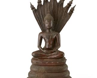 2295
An Asian bronze Naga Buddha figure
19th century or later
The figure depicted seated on a tiered base, hands in dhyana mudra, meditating under the protection of the seven-headed Naga (serpent king) Muchalinda
28" H x 13.5" W x 8.5" D
Estimate: $400 - $600