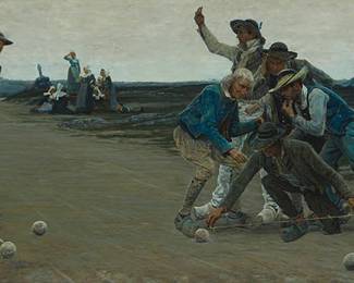 2244
George Sherwood Hunter
(1846-1919)
"A Close Shave - Who Wins?" (Bowling in Brittany), 1890
Oil on canvas
Signed and dated lower left: G. Sherwood Hunter 1890; titled from a contemporary exhibition announcement in the "Liverpool Mercury"
24.5" H x 52" W
Estimate: $2,000 - $3,000