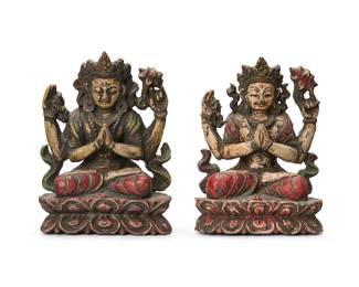 2124
A pair of Asian carved and tinted wood figures of the Sadaksari Lokesvara
19th/20th century; Tibet or greater Vajrayana Diaspora
Each depicting a seated figure on a double lotus base
2 pieces
Each: 5" H x 3.625" W x 2" D
Estimate: $800 - $1,200