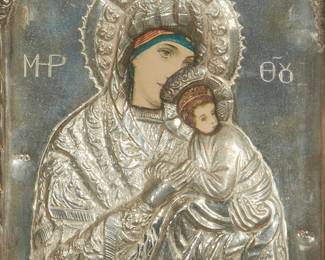 2222
A Russian icon of the Virgin and Christ Child
19th/20th century
With an offset image in colors on paper depicting Mary and baby Jesus taped under a repoussé and embossed silver oklad
8.5" H x 6" W
Estimate: $300 - $500