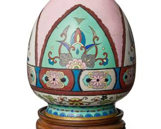 2061
A Chinese cloisonné planter pot
20th century
The polychrome enameled copper pot depicting floral motifs, with a drainage hole to underside, and four holes around rim for mounting, now set on a carved wood stand
Pot: 7.375" H x 6.25" Dia.; Stand: 1.75" H x 5.125" Dia.
Estimate: $200 - $300