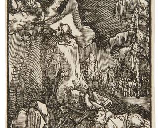 2225
Albrecht Altdorfer
(1480-1538)
"The Agony in the Garden," from "The Fall and Redemption of Man," circa 1513
Woodcut on laid paper
With the artist's initials printed in the block in the upper right corner: AA
Image: 2.875" H x 1.875" W; Sheet: 3" H x 2" W
Estimate: $400 - $600