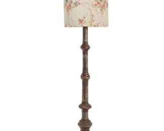2054
A Chinese champlevé enamel floor lamp
19th century with later elements
The brass lobed standard with inlaid enamel depicting various figures and taotie masks, converted into a two-light floor lamp surmounted by a floral pattern fabric-lined paper shade, electrified
Lamp: 68" H x 14.5" Dia.; Shade: 20.25" H x 17.5" Dia.
Estimate: $400 - $600
