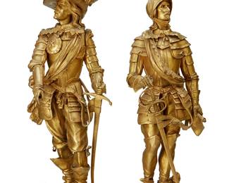 2243
After Émile-Victor Blavier
(1821-1887)
Two figures of Henri de Lorais and Frederic-Maurice de la Tour, 1851
Gilt-bronze
Each signed in the casting: E. Blavier; Frederic dated 1851; Frederic inscribed: Frederic De La Tour / [illegible] / 1641; Henri inscribed: Henri / [illegible] / 1641
Henri: 21" H x 7" W x 6.25" D; Frederic: 21.25" H x 8.5" W x 8.5" D
Estimate: $1,000 - $2,000