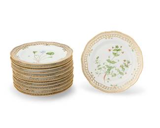 2434
A set of twelve Royal Copenhagen porcelain 'Flora Danica' side plates
1962-1967
Each variously marked in script for the depicted botanical and further marked: Royal Copenhagen [most with dot under a letter in 'COPENHAGEN'] / [crown logo] / Denmark / 20 / 3554; each marked with three waves in blue underglaze
Designed 1790, the plates with painted and gilt-embellished reticulated rim with sawtooth edge, each variously featuring a central hand-painted depiction of a botanical
12 pieces
Each: 9" Dia.
Estimate: $4,000 - $6,000