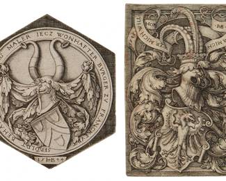 2227
Hans Sebald Beham (1500-1550)
Two works:
"Coat of Arms of Sebald Beham," 1544
Engraving on laid paper
With the monogram and date engraved in the plate at the lowest point: 15 HSB 44
Sheet: 2.75" H x 2.375" W (hexagonal)
"Coat of Arms with an Eagle Surrounded by Foliage," 1543
Engraving on laid paper
With the monogram and date engraved in the plate as part of the decorative banner: HSB / 1543
Sheet: 2.875" H x 2" W
Estimate: $800 - $1,200