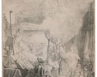 2229
Rembrandt van Rijn
(1606-1669)
"The Death of the Virgin," 1639
Etching and drypoint on China paper
With the artist's signature and date etched in the plate at lower left: Rembrandt 1639
Sheet: 15.625" H x 12.375" W
Estimate: $1,000 - $1,500