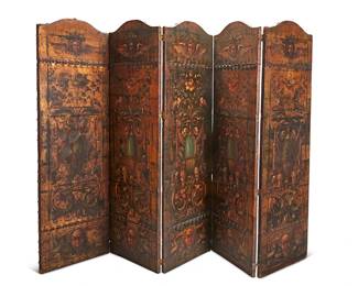 2240
A Baroque-style painted leather five-panel screen
Late 19th/early 20th century
The leather-wrapped wood panels with metal hinges, each depicting a seraphim mask above an urn with floral arrangement above another mask of a satyr, with metal tacking and stitched leather bands joining the leather segments
Each panel: 79.5" H x 24.5" W x 1.25" D
Estimate: $700 - $1,000