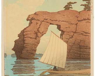 Back to catalog
2220
Kawase Hasui
(1883-1957)
"Zaimoku Island at Matsushima," from the series "Collection of Scenic Views of Japan: Eastern Japan," 1933
Woodcut in colors on paper
From the edition of unknown size; lifetime printing, circa 1947-57
With the black ink "Hasui" signature and the red ink "Kawase" seal near the lower right corner of the image; with the black ink title in Japanese in the lower portion of the right margin; other various black ink inscriptions with Japanese characters in the upper portion of the right margin; Watanabe Shozaburo, pub.
Image: 14.25" H x 9.5" W; Sheet: 15.125" H x 10.125" W
Estimate: $500 - $700