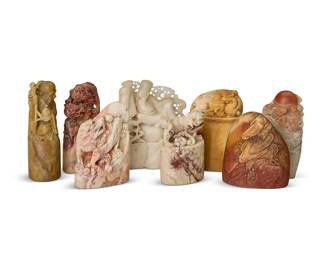 2335
Eight Chinese carved hardstone seals
20th century
With various subjects including dragons, immortals, and one a landscape, all blank
8 pieces
Tallest: 3" H; Shortest: 2.375" H
Estimate: $800 - $1,200