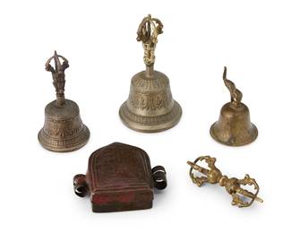 2122
A group of Tibetan liturgical implements
19th/20th century; Tibet or greater Vajrayana Diaspora
Comprising a ceremonial brass vajra club-form implement with a ribbed spherical head on either end, three Tibetan metal ghanta bells, and a small metal alloy traveling ga'u shrine with hinged opening, revealing a cloth painting of a deity
5 pieces
Largest bell: 6.5" H x 3.5" Dia.; Cloth: 10.75" H x 9.125" W; Vajra: 4.875" L x 1.625" Dia.
Estimate: $800 - $1,200