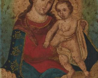 2221
19th Century Spanish School
A Spanish retablo depicting "Nuestra Señora del Refugio" (Our Lady of Refuge)
Oil on tin
Unsigned
20" H x 14" W
Estimate: $400 - $600