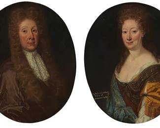2395
Late 17th/early 18th century British School
Two works:

Portrait of Lady Helen Lindsay
Oil on canvas
Unsigned; titled lower left: "[Lady] Helen Lindsay / Wife of / [Si]r. Robert. 3d Bt;" inscribed in ink in another hand on a label affixed to the stretcher bar: "Helen daughter of John, Earl of Crawford, Lindsay / married 1663 to / Sir Robert Sinclair. Bart / of Stevenson. Co. Haddington"
30" H x 24" W

Portrait of Sir Robert Sinclair
Oil on canvas
Unsigned; titled lower left: [Si]r. Robert. 3[d] Bt.;" inscribed in ink in another hand on a label affixed to the stretcher bar: "Sir Robert Sinclair. Bart / of Stevenson. Co. Haddington / Born __ died 1713"
30" H x 24" W
Estimate: $1,000 - $2,000