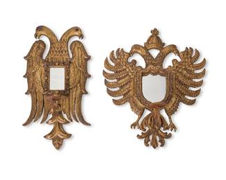 2235
Two Continental giltwood double eagle mirrors
Early 19th century
Each issuing a gilt-metal scrolled arm mounted with a candlestick bobèche, one with cut glass inset eyes
2 pieces
Taller: 26.5" H x 14" W x 7.5" D; Shorter: 25" H x 20.75" W x 8" D
Estimate: $1,000 - $1,500