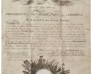 2426
A United States of America military commission signed by President Martin Van Buren (1782-1862)
A partially printed military commission on thick vellum, signed faintly "M. Van Buren" and dated "28th of February 1838" in ink; also signed in ink by the Secretary of the Navy, "Mahlon Dickerson," just below the center of the left edge; with the white paper seal at the center near the lower edge
Sheet: 17.25" H x 13.75" W
Estimate: $600 - $800