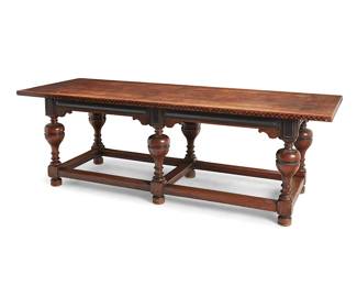 2239
A Baroque-style carved walnut library table
Early 20th century
The wood table with an inlaid tabletop edge above cup and cover turned supports joined by a double box stretcher
31.5" H x 96" W x 36" D
Estimate: $800 - $1,200