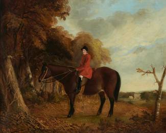 2394
19th Century British School
Portrait of John Arthur Cooper on his mount Billy
Oil on canvas
Signed, dated, and inscribed, all verso: "John Arthur Cooper on his pony Billy / at 8 years of age 1842 Billy aged 20. Painted by J. Dobson."
22.5" H x 27" W
Estimate: $400 - $600