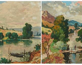 2438
Gabriel Vié (1888-1973)
Two works:
"Brise en Marne"
Oil on Masonite
Signed lower right: Vié; titled verso
13" H x 13" W
"Paysage en Lozère"
Oil on Masonite
Signed lower left: Vié; titled verso
13" H x 13" W
Estimate: $400 - $600
